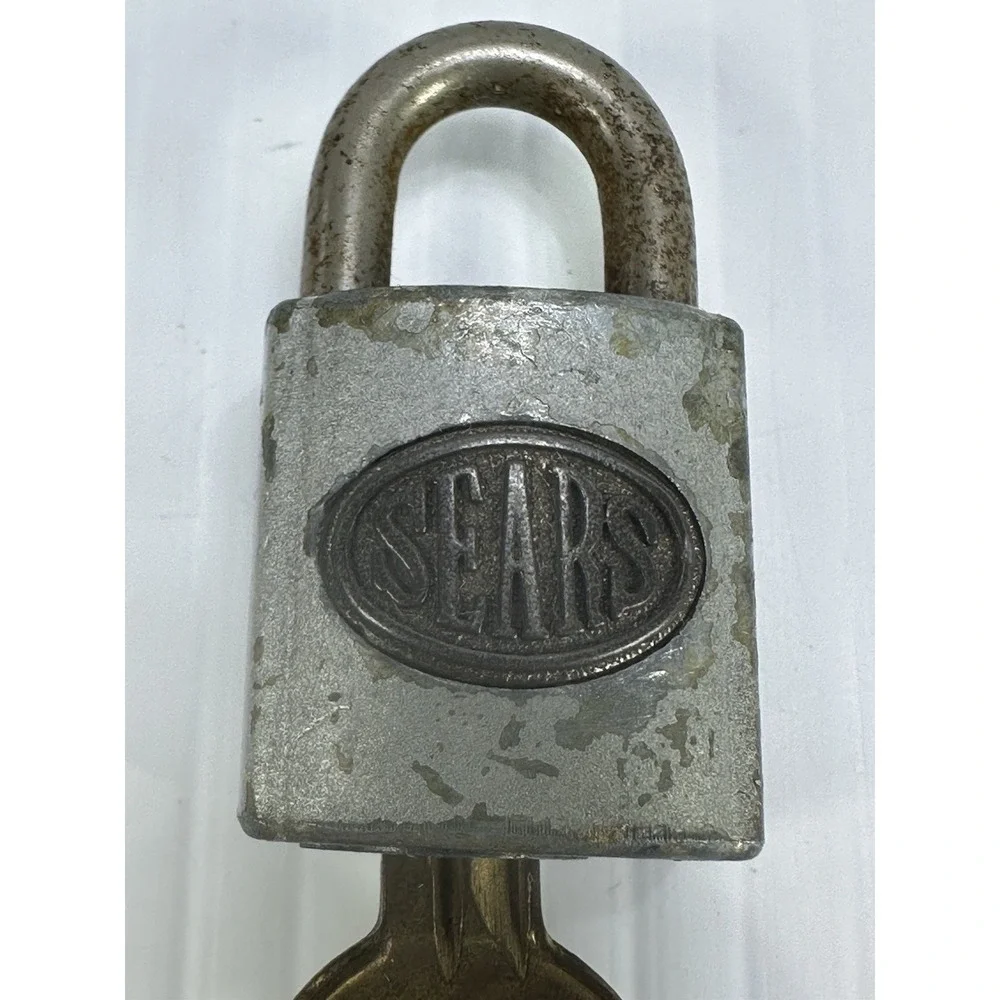 Vintage Oval 3D Badge SEARS Grey Small Padlock 2 Original Keys WORKS Made In USA